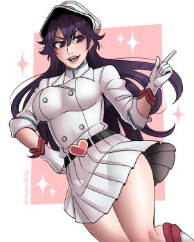 Rule 34 | 1girl, absurdres, artist name, bambietta basterbine, belt, black belt, bleach, bleach: sennen kessen-hen, border, breasts, brooch, buckle, commentary, dangerousbride, english commentary, gloves, hair between eyes, hat, heart, heart-shaped buckle, heart brooch, highres, jacket, jewelry, large breasts, light blush, long hair, long sleeves, military, military hat, military uniform, miniskirt, paid reward available, peaked cap, pink background, pleated skirt, purple eyes, purple hair, skirt, solo, sparkle, wandenreich uniform, white border, white gloves, white hat, white jacket, white skirt