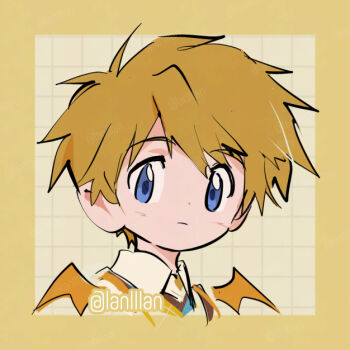 Rule 34 | 1boy, alternate costume, blonde hair, blue eyes, close-up, digimon, digimon adventure, lanlllan, male focus, orange wings, short hair, simple background, solo, takaishi takeru, wings, yellow background