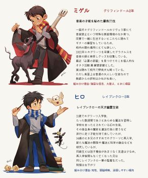 2boys absurdres big_hero_6 bird black_robe blue_necktie book character_profile coco_(disney) commentary_request crumpled_paper dante_(coco) dog frown grey_sweater gryffindor guitar highres hiro_hamada hogwarts_school_uniform holding holding_wand instrument letter male_focus melchencanto miguel_rivera multiple_boys necktie owl parody ravenclaw red_eyes robe robot scarf school_uniform scroll signature smile striped_clothes striped_scarf sweater translation_request two-sided_robe wand wizarding_world