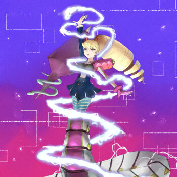 1girl arm_up blonde_hair blue_dress blue_pantyhose byte_(grunty-hag1) dress drill_hair em_wave_change_(mega_man) gloves green_eyes henshin long_hair luna_platz_(mega_man) mega_man_(series) mega_man_star_force_(series) pantyhose purple_gloves queen_ophiuca_(mega_man) striped_clothes striped_pantyhose twin_drills two-tone_background very_long_hair