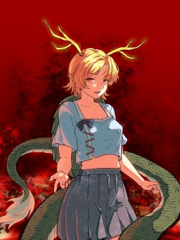 1girl antlers blonde_hair blue_shirt collarbone dragon_girl dragon_horns dragon_tail fingernails grey_skirt highres horns kicchou_yachie looking_at_viewer open_mouth pleated_skirt red_background sharp_fingernails shirt short_hair skirt sleepymoon solo standing tail touhou