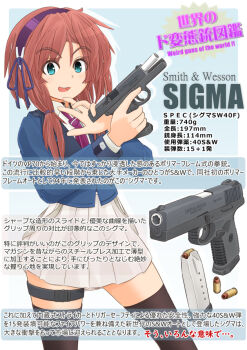 Rule 34 | .40 s&amp;w, 1girl, ammunition, ammunition focus, ammunition name, bullet, english text, gun, handgun, handgun cartridge, holding, holding gun, holding weapon, hollow-point bullet, information sheet, japanese text, magazine (weapon), mikeran (mikelan), mixed-language text, original, pistol, pistol cartridge, s&amp;w sd, s&amp;w sigma, sidearm, simple background, skirt, smile, smith &amp; wesson, solo, text focus, thighhighs, translation request, weapon, weapon focus, weapon name, weapon profile, weird guns of the world, white background, witness holes