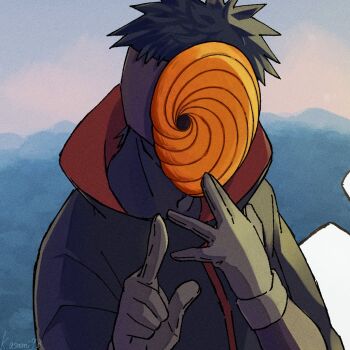 Rule 34 | 1boy, akatsuki uniform, artist name, asamishi, black coat, black hair, blurry, coat, gloves, grey gloves, long sleeves, male focus, mask, naruto (series), naruto shippuuden, orange mask, short hair, solo, tobi (naruto), uchiha obito, upper body