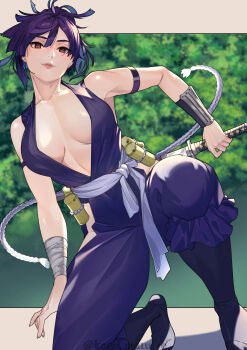 Rule 34 | 1girl, absurdres, arm strap, bandaged wrist, bandages, bare shoulders, blunt ends, breasts, brown eyes, center opening, cleavage, closed mouth, clothing cutout, commentary request, highres, hip vent, japanese clothes, jigokuraku, kagematsuri, kimono, large breasts, leaf, ninja, ninjatou, on one knee, outside border, pink lips, purple kimono, rope, sash, short sword, sideless kimono, solo, squatting, sword, weapon, white sash, wrist guards, yuzuriha (jigokuraku)