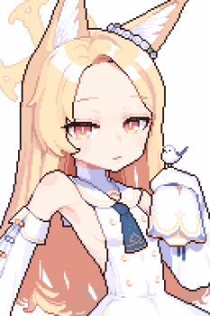 1girl animal_ear_fluff animal_ears animated animated_gif apieceofpixel bare_shoulders bird blinking blonde_hair blue_archive blue_necktie closed_mouth detached_sleeves dress fox_ears halo highres long_hair looking_at_viewer necktie pixel_art seia_(blue_archive) simple_background sleeveless sleeveless_dress sleeves_past_fingers sleeves_past_wrists solo white_background white_dress yellow_halo