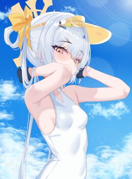 1girl absurdres armpits arms_behind_head arms_up bare_arms bare_shoulders black_bow black_gloves blue_archive blue_sky blush bow breasts cosplay covered_navel fate/grand_order fate_(series) forked_eyebrows gloves hair_between_eyes hair_bow halo hat highres horns kayu_manis19 long_hair looking_at_viewer melusine_(fate) one-piece_swimsuit presenting_armpit seia_(blue_archive) seia_(blue_archive)_(cosplay) seia_(swimsuit)_(blue_archive) sidelocks sky small_breasts solo sunglasses swimsuit visor_cap white_hair white_one-piece_swimsuit yellow_eyes yellow_hat
