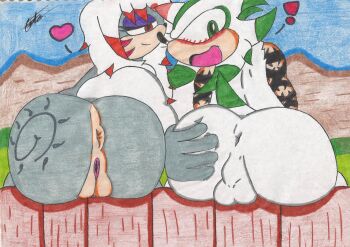 1boy 1girl anus ass furry furry_female furry_male groping hand_on_another&#039;s_ass hedgehog highres looking_back original pussy spread_anus spread_ass surprised tattoo testicles wolf_boy