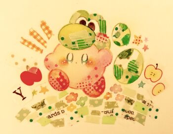apple apple_slice blush commentary_request cosplay food fruit hat highres kirby kirby_(series) mario_(series) nintendo no_humans painting_(medium) simple_background solo super_smash_bros. traditional_media watercolor_(medium) yoshi yoshi_(cosplay) yoshi_egg yukichi_0611
