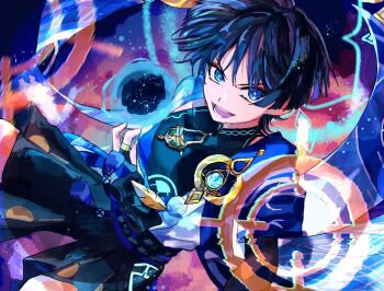 1boy 6v85jrsk9pm5fuq anemo_symbol_(genshin_impact) arms_at_sides black_bodysuit black_bow black_hair black_rope black_shorts blue_cape blue_eyes blue_gemstone blue_hair blue_kimono blue_sash blunt_ends bodysuit bow bright_pupils cape clothing_cutout colored_tongue covered_collarbone crosshair dutch_angle eyeliner eyeshadow feathers furisode gem genshin_impact glowing_markings gold gold_ring hakama hakama_shorts hip_vent japanese_clothes juban kimono looking_at_viewer makeup male_focus mandarin_collar middle_ring multicolored_hair open_clothes open_kimono open_mouth pleated_shorts pom_pom_(clothes) purple_tongue red_eyeliner red_eyeshadow rope sash scaramouche_(genshin_impact) shorts shoulder_peek simple_background solo streaked_hair tassel teeth v-shaped_eyebrows vision_(genshin_impact) vortex wanderer_(genshin_impact) white_kimono white_pupils white_trim yellow_feathers