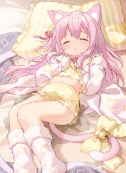 1girl absurdres alternate_costume animal_ears azur_lane bedwetting bell bloomers blush bow camisole cardigan cat_ears cat_girl cat_tail cloneko_(zelmeledf2) closed_eyes commission commissioner_upload frilled_pillow frills hair_ribbon highres kisaragi_(azur_lane) loli long_hair long_sleeves lying midriff navel non-web_source on_back open_mouth pee peeing peeing_self pillow pink_hair pink_ribbon ribbon skeb_commission sleeping socks solo tail tail_bell tail_bow tail_ornament underwear variant_set white_cardigan white_socks yellow_bloomers yellow_bow yellow_camisole