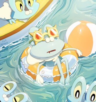Rule 34 | animal focus, ball, beachball, closed eyes, colored sclera, drooling, floating, froakie, frog, gen 1 pokemon, gen 6 pokemon, highres, innertube, ktbr 2, mouth drool, nintendo, no humans, open mouth, pokemon, pokemon (creature), pokemon focus, pool, poolside, star-shaped eyewear, star (symbol), staryu, sunglasses, swim ring, water, yellow sclera