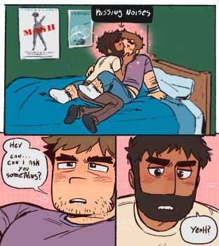 2boys bara beard_over_mouth bedroom blush brown_hair couple deformed english_text facial_hair forked_eyebrows happy_aura joseph_(scott_pilgrim) kiss male_focus medium_sideburns messy_hair multiple_boys null_(mr_not_null) on_bed purple_shirt sanpaku scott_pilgrim_(series) scott_pilgrim_takes_off shirt short_hair sideburns_stubble socks sparkle sparse_leg_hair sparse_stubble speech_bubble stephen_stills stubble thick_eyebrows v-shaped_eyebrows yaoi