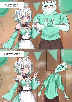 Rule 34 | 1girl, absurdres, ahoge, apron, balloon, blue eyes, blush, bow, detached sleeves, dress, english text, frills, gradient hair, green dress, green hair, hair ornament, highres, implied after sex, indie virtual youtuber, maid, maid headdress, mint fantome, mint fantome (minto 2.0), multicolored hair, simulated facial, steaming body, sweat, trembling, triangular headpiece, two side up, virtual youtuber, white hair, wisps (mint fantome), xanadu avici