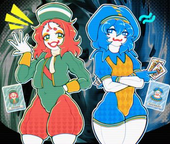 2boys :3 abstract_background balatro blue_collar blue_eyes blue_eyeshadow blue_gloves blue_hair blue_hat blue_shorts blush_(makeup) bodysuit bright_pupils bulge card closed_mouth clown clown_boy clown_makeup clubs_pattern clubs_print collar colored_skin commentary covered_navel cowboy_shot cropped_jacket diamond_pattern diamond_print english_commentary eyeshadow gloves green_eyes green_hat green_jacket green_leotard hair_between_eyes hand_behind hand_up hat heart heart_pattern heart_print highres holding holding_card hosses jacket jester jester_boy jester_cap leotard long_sleeves looking_at_viewer makeup male_focus medium_hair multiple_boys open_clothes open_jacket open_mouth orange_eyeshadow outline perkeo_(balatro) personification playing_card puffy_long_sleeves puffy_short_sleeves puffy_shorts puffy_sleeves red_hair red_lips red_shorts red_strap scarf short_hair short_sleeves shorts smile thick_thighs thighs trap triboulet_(balatro) white_bodysuit white_gloves white_pupils white_scarf white_skin yellow_leotard