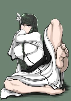 Rule 34 | 1girl, arrancar, barefoot, black hair, bleach, breasts, covering own mouth, cyan sung-sun, facial mark, hair ornament, highres, long hair, looking at viewer, medium breasts, purple eyes, simple background, soyuz001