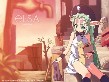 00s 1girl bag bare_shoulders beret black_cat black_socks blue_eyes blurry building cat character_name copyright_name dated demonbane depth_of_field dress elsa facial_mark faucet female_focus forehead_mark green_hair groceries halterneck hat headpat holding kneehighs leaf long_hair long_pointy_ears nitroplus official_art official_wallpaper outdoors paper_bag pointy_ears pot ruins short_dress sitting sleeveless sleeveless_dress smile socks solo stairs sunset tree turtleneck very_long_hair watermark wristband youta zipper