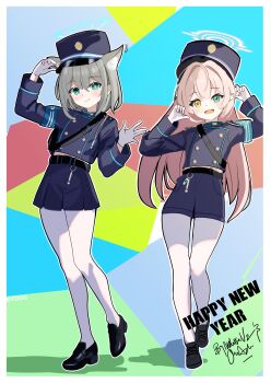 2girls :d \||/ absurdres animal_ears aqua_eyes armband bilingual_commentary black_hat black_jacket black_shoes black_shorts black_skirt blue_archive blue_armband blue_halo blush border buttons closed_mouth commentary cosplay double-breasted english_commentary extra_ears full_body gloves grey_hair hair_between_eyes hair_intakes halo hands_up happy happy_new_year hat heterochromia highres hikari_(blue_archive) hikari_(blue_archive)_(cosplay) hoshino_(blue_archive) jacket loafers long_hair long_sleeves looking_at_viewer medium_hair melissa_v2 midriff_peek miniskirt mixed-language_commentary multiple_girls new_year nozomi_(blue_archive) nozomi_(blue_archive)_(cosplay) open_mouth outline pantyhose peaked_cap pink_hair pink_halo pleated_skirt shiroko_(blue_archive) shoes shorts signature simple_background skirt smile split_mouth standing straight_hair very_long_hair white_border white_gloves white_outline white_pantyhose wolf_ears wolf_girl yellow_eyes