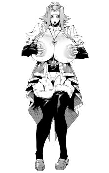alternate_breast_size_(larger) black_thighhighs breasts breasts_out choker collarbone corset detached_sleeves full_body izayoi_aki large_breasts medium_hair monochrome nipples pobotto puffy_sleeves simple_background solo solo_focus standing thighhighs white_background yu-gi-oh! yu-gi-oh!_5d&#039;s