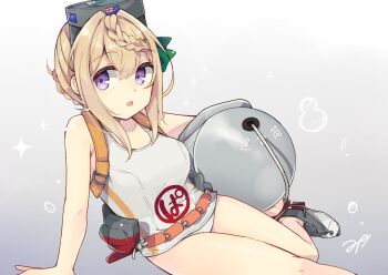 1girl blonde_hair blush braid breasts container cosplay diving_mask diving_mask_on_head flotation_belt goggles goggles_on_head kantai_collection kurasaki_cosmos long_hair looking_at_viewer maru-yu_(kancolle) maru-yu_(kancolle)_(cosplay) one-piece_swimsuit open_mouth perth_(kancolle) purple_eyes school_swimsuit sitting solo swimsuit white_one-piece_swimsuit