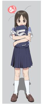 Rule 34 | 1girl, azumanga daioh's school uniform, azumanga daiou, bag, brown eyes, brown hair, commentary request, cyjalway, full body, highres, holding, holding bag, kasuga ayumu, loafers, long hair, open mouth, pleated skirt, school bag, school uniform, shadow, shoes, short sleeves, skirt, socks, solo, speech bubble, stray hair, sweat, translation request