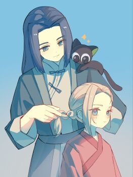 1girl 2boys aged_down animal animal_on_shoulder aqua_eyes awsj7858 black_hair blue_background blue_eyes braid cat cat_on_shoulder chinese_clothes commentary english_commentary grey_hair highres long_hair long_sleeves luo_xiaohei luo_xiaohei_(cat) luo_xiaohei_zhanji luye_(the_legend_of_luoxiaohei) multiple_boys shadow sparkle upper_body wuxian_(the_legend_of_luo_xiaohei)