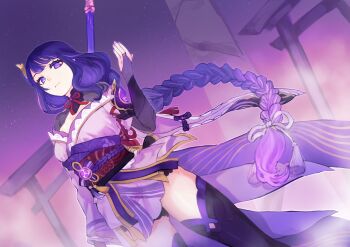 1girl absurdres armor blue_pupils braid breasts bridal_gauntlets cleavage closed_mouth commentary engulfing_lightning_(genshin_impact) from_below from_side genshin_impact hair_ornament hair_ribbon highres holding holding_polearm holding_weapon irota japanese_clothes kimono lingerie long_braid mitsudomoe_(shape) mole mole_under_eye multicolored_eyes multicolored_hair neck_ribbon off_shoulder polearm purple_background purple_eyes purple_kimono purple_ribbon purple_sky purple_thighhighs raiden_shogun red_ribbon ribbon shoulder_armor single_braid sky solo standing streaked_hair thighhighs tomoe_(symbol) underwear upper_body weapon