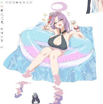 Rule 34 | 1girl, art program in frame, bikini, black bikini, blue archive, bracelet, breasts, eyewear on head, flower, hair flower, hair ornament, halo, jewelry, kikyou (blue archive), large breasts, nail polish, o-ring, o-ring bikini, official alternate costume, okimiyage (oitekuze kore), on innertube, open mouth, purple hair, purple halo, simple background, smile, swimsuit, v, white background, yukari (blue archive), yukari (swimsuit) (blue archive)