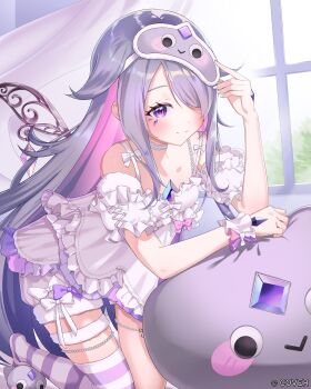 Rule 34 | 1girl, absurdres, chemise, chest jewel, choker, closed mouth, colored inner hair, commentary, copyright name, curtains, detached wings, dress, english commentary, gem, gradient hair, grey hair, hair flaps, hair over one eye, hand jewel, highres, holoadvent, hololive, hololive english, indoors, jewel under eye, koseki bijou, koseki bijou (pebble pajamas), long hair, looking at viewer, mask, mask on head, matryo8, multicolored hair, official alternate hairstyle, official art, open mouth, pebble, pebble (koseki bijou), pink hair, purple eyes, purple gem, purple hair, short sleeves, shorts, single thighhigh, sleep mask, sleeping, slippers, smile, solo, striped clothes, striped thighhighs, thighhighs, very long hair, virtual youtuber, white chemise, white choker, white shorts, window, wings