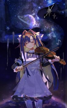 1girl apron beamed_eighth_notes black_dress black_hairband blonde_hair blue_hair bow_(music) closed_eyes closed_mouth colored_inner_hair cowboy_shot dress eighth_note facing_viewer frilled_apron frills hair_intakes hair_ornament hairband hand_up highres holding holding_bow_(music) holding_instrument holding_violin instrument juliet_sleeves languo long_hair long_sleeves multicolored_hair music musical_note planet playing_instrument puffy_sleeves reverse:1999 school_uniform short_dress smile solo soviet_school_uniform star_(symbol) star_hair_ornament star_symbol_background violin voyager_(reverse:1999) white_apron