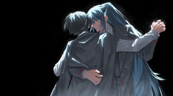 2boys arm_around_back backlighting black_background black_hair black_jacket black_vest blue_eyes collared_shirt commentary dancing english_commentary from_behind hand_on_another's_back high_ponytail highres holding_hands hong_lu_(project_moon) jacket jacket_on_shoulders limbus_company long_hair long_sleeves looking_at_another male_focus multiple_boys ponytail project_moon pudding_1106 shirt short_hair sidelocks simple_background very_long_hair vest white_shirt yaoi yi_sang_(project_moon)