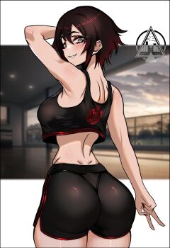 1girl artist_logo artist_name ass back bare_shoulders black_hair black_shorts blush breasts crop_top dizzle dolphin_shorts from_behind gradient_hair grey_eyes highres huge_ass large_breasts logo looking_back multicolored_hair narrow_waist red_hair ruby_rose rwby short_hair short_shorts shorts sideboob sleeveless smile solo tank_top v workout_clothes