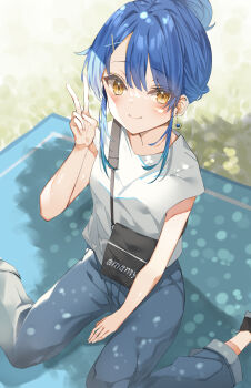 1girl absurdres alternate_costume alternate_hairstyle amamiya_kokoro arm_support bag blonde_streaks blue_hair blue_pants breasts center-flap_bangs closed_mouth commentary dappled_sunlight denim earrings feet_out_of_frame hair_bun hair_ornament hairclip highres jeans jewelry long_hair looking_at_viewer nijisanji outdoors pants picnic_blanket shirt shoulder_bag single_hair_bun sitting small_breasts smile solo sunlight sutei_(arece15) v virtual_youtuber wariza white_shirt x_hair_ornament yellow_eyes