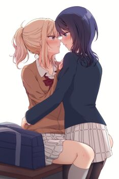 2girls asaka_karin bag between_legs black_pantyhose blazer blonde_hair blue_eyes bow bowtie brown_sweater collared_shirt commentary_request grey_socks highres jacket kneehighs kuroda_roku long_hair love_live! love_live!_nijigasaki_high_school_idol_club miyashita_ai multiple_girls nijigasaki_school_uniform pantyhose plaid_clothes plaid_skirt pleated_skirt ponytail purple_hair red_bow red_bowtie red_eyes school_bag school_uniform shirt simple_background skirt socks sweater white_background white_shirt white_skirt yuri