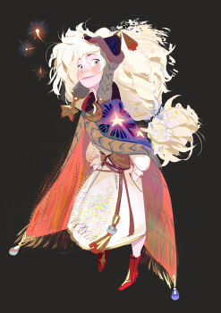 1girl absurdres beanie black_background blonde_hair blue_cloak blue_eyes blue_hat blush_stickers boots brown_corset character_request cloak closed_mouth commentary copyright_request corset crescent dress earflap_beanie english_commentary frilled_sleeves frills fringe_trim full_body fur-trimmed_headwear fur_trim hair_between_eyes hand_on_own_hip hands_on_own_hips happy hat hat_tassel high_heel_boots high_heels highres ladyshalirin lipstick long_dress long_hair long_sleeves low-tied_long_hair makeup messy_hair mini_hat pink_lips red_boots red_cloak simple_background smile solo standing star_(symbol) thick_eyebrows two-sided_cloak two-sided_fabric very_long_hair white_dress