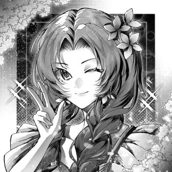 1girl aerith_gainsborough aerith_gainsborough_(floral_delight) alternate_hairstyle braid commentary_request final_fantasy final_fantasy_vii final_fantasy_vii_rebirth final_fantasy_vii_remake flower frilled_sleeves frills greyscale hair_flower hair_ornament hair_over_shoulder long_hair looking_at_viewer monochrome official_alternate_costume one_eye_closed parted_bangs qjiqiehuang smile solo sparkle twin_braids upper_body v