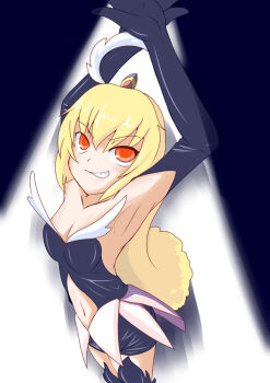 1990s_(style) 1girl armpits arms_up blonde_hair breasts cleavage clothing_cutout cowboy_shot elbow_gloves feather_hair_ornament feathers female_focus foreshortening gloves grin hair_ornament long_hair magical_girl mahou_shoujo_pretty_sammy navel navel_cutout orange_eyes pixy_misa pretty_sammy retro_artstyle shitori small_breasts smile solo standing thighhighs