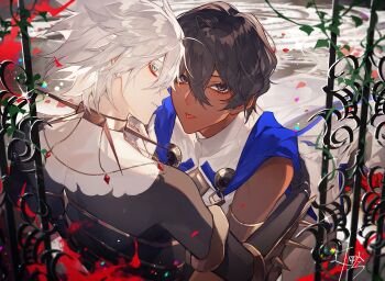 2boys arjuna_(fate) black_eyes black_hair blue_eyes brothers cape collar dark-skinned_male dark_skin earrings eyeshadow eyeshadow_under_eye fate/grand_order fate_(series) flower hair_between_eyes highres incest indian_clothes jewelry karna_(fate) looking_at_viewer looking_back makeup male_focus multiple_boys pale_skin plant red_eyeshadow red_flower short_hair siblings spiked_collar spikes sqloveraven tongue tongue_out upper_body white_hair yaoi