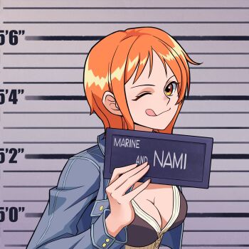 Rule 34 | 1girl, ;p, barbie (franchise), barbie (live action), barbie mugshot (meme), breasts, character name, cleavage, cropped jacket, denim, denim jacket, hashtag-only commentary, highres, holding, jacket, licking lips, looking at viewer, meme, miuny, nami (one piece), nami (one piece) (enies lobby), one eye closed, one piece, orange eyes, orange hair, short hair, single sidelock, solo, tongue, tongue out, upper body
