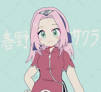 1girl blue_background blush_stickers closed_mouth dress green_eyes haruno_sakura konohagakure_symbol long_hair looking_at_viewer naruto_(classic) naruto_(series) pandakokkopanda pink_hair red_dress smile solo upper_body