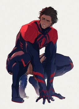 1boy anal anal_object_insertion animal_print blue_bodysuit blush bodysuit brown_hair bulge cheekbones clenched_teeth cum dark-skinned_male dark_skin dildo dildo_riding drooling ejaculating_while_penetrated ejaculation erection fangs hair_slicked_back highres large_pectorals lubrication male_focus male_penetrated marvel miguel_o&#039;hara moko_(gloriaaaaaa) multicolored_bodysuit muscular muscular_male object_insertion pectorals print_bodysuit red_bodysuit red_eyes sex_toy skin_tight solo spider-man:_across_the_spider-verse spider-man:_into_the_spider-verse spider-man_(2099) spider-man_(series) spider-verse spider_print spread_legs squatting squatting_cowgirl_position sweat teeth testicles thick_thighs thighs torn_bodysuit torn_clothes two-tone_bodysuit