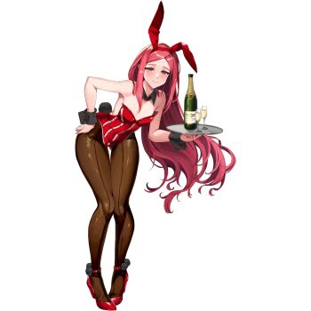 1girl animal_ear_hairband animal_ears areola_slip black_collar black_wrist_cuffs blush breasts brown_pantyhose champagne_bottle champagne_flute closed_mouth collar covered_navel cup detached_collar drinking_glass english_text fake_animal_ears fake_tail flat_chest full_body glass_bottle gluteal_fold hairband hand_on_own_hip high_heels highleg highleg_leotard highres holding holding_tray last_origin leaning_forward leotard long_hair looking_at_viewer night_angel_(last_origin) non-web_source official_alternate_costume official_art pantyhose pigeon-toed playboy_bunny pom_pom_(clothes) rabbit_tail red_eyes red_leotard red_shoes shoes sidelocks simple_background solo standing tachi-e tail transparent_background tray u-rix wrist_cuffs