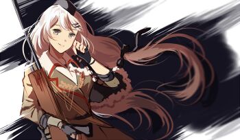 Rule 34 | 1girl, aiguillette, dragunov svd, girls' frontline, grey eyes, gun, holding, holding gun, holding weapon, long hair, rifle, shirt, silence girl, smile, sniper rifle, solo, svd (girls' frontline), weapon, white hair, white shirt