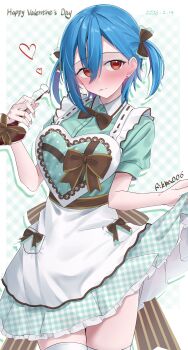 Rule 34 | 1girl, absurdres, apron, aqua shirt, aqua skirt, artist name, blue hair, breasts, commentary request, dated, eyes visible through hair, gingham clothes, gingham skirt, hair between eyes, happy valentine, heart, heart apron, highres, holding, large breasts, looking at viewer, love live!, love live! superstar!!, medium hair, miniskirt, orange eyes, rikka006, shirt, signature, skirt, skirt hold, solo, thighhighs, twintails, waist apron, wakana shiki, white apron, white thighhighs, zettai ryouiki