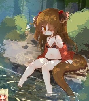 2girls animal_ears barefoot bikini black_bikini breasts commentary_request forest frilled_bikini frills hair_bobbles hair_ornament hair_over_one_eye highres jacket long_hair multiple_girls nature navel off_shoulder orange_jacket original outdoors river sitting small_breasts soaking_feet sunapua swimsuit tail tree two_side_up water