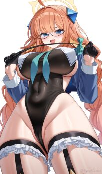 1girl absurdres ahoge black-framed_eyewear black_leotard blue_archive blue_eyes blue_shirt braid breast_curtains breasts cameltoe commentary covered_erect_nipples covered_navel cowboy_shot frilled_thigh_strap garter_straps glasses halo highleg highleg_leotard highres holding holding_riding_crop impossible_clothes impossible_leotard large_breasts leotard long_hair looking_at_viewer official_alternate_costume open_clothes open_mouth open_shirt orange_hair partially_visible_vulva raised_eyebrow riding_crop rynzfrancis semi-rimless_eyewear shimiko_(blue_archive) shimiko_(magical)_(blue_archive) shirt smile solo thick_thighs thigh_strap thighs twin_braids twintails under-rim_eyewear very_long_hair white_background