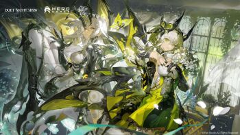 2girls black_horns bodysuit breasts commentary copyright_logo copyright_notice dress dual_persona duet_night_abyss english_commentary flower hair_between_eyes hair_ornament horns large_breasts logo long_hair multiple_girls official_art petals psyche_(duet_night_abyss) white_bodysuit white_flower white_hair window yellow_eyes