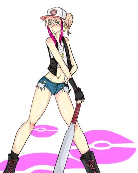 Rule 34 | 1boy, baseball bat, blue eyes, blush, boots, cosplay, crossdressing, crossdressing (mtf), cutoffs, dog tags, earrings, fingerless gloves, gloves, hat, hilda (pokemon), jewelry, legs, male focus, midriff, mizutorrent, navel, navel piercing, nintendo, piercing, pink hair, pokemon, pokemon bw, ponytail, solo, trap, vest