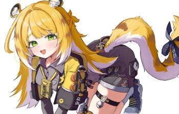 1girl all_fours animal_ear_fluff animal_ears blonde_hair blue_shoes blush bow colored_inner_hair fang fingerless_gloves gloves green_eyes grey_shirt high-waist_shorts highres jacket ju_fufu long_hair looking_at_viewer medallion multicolored_hair open_mouth orange_fur seulraimbbang shirt shoes shorts socks solo striped_hair tail tail_bow tail_ornament thigh_strap tiger_ears tiger_girl tiger_stripes tiger_tail white_background white_socks yellow_jacket zenless_zone_zero
