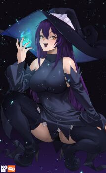 Rule 34 | 1girl, absurdres, bare shoulders, black background, black dress, black panties, blair (soul eater), blush, breasts, commentary, detached sleeves, dress, hat, high heels, highres, kobi420, large breasts, long hair, looking at viewer, open mouth, panties, purple hair, simple background, slit pupils, smile, solo, soul eater, spread legs, squatting, symbol-only commentary, thick thighs, thighs, underwear, witch, witch hat, yellow eyes