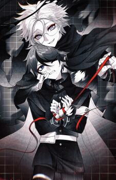 2boys absurdres aotsuki_eito armband belt blue_eyes bound bound_wrists cape chun_yan clenched_teeth cloak evil_smile eyeliner gakuran glasses greyscale halo hand_on_another&#039;s_face highres holding holding_ribbon jacket last_defense_academy_school_uniform looking_at_viewer makeup male_focus monochrome multicolored_hair multiple_boys official_alternate_hairstyle one_eye_closed pants red_eyeliner red_ribbon ribbon ringed_eyes school_uniform short_hair smile spoilers spot_color streaked_hair sumino_takumi teeth the_hundred_line_-last_defense_academy- yaoi